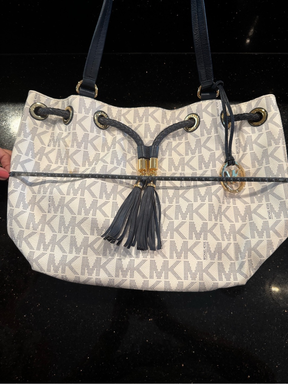 Michael Kors Cream MK Logo Drawstring Shoulder Bag with Navy Trim